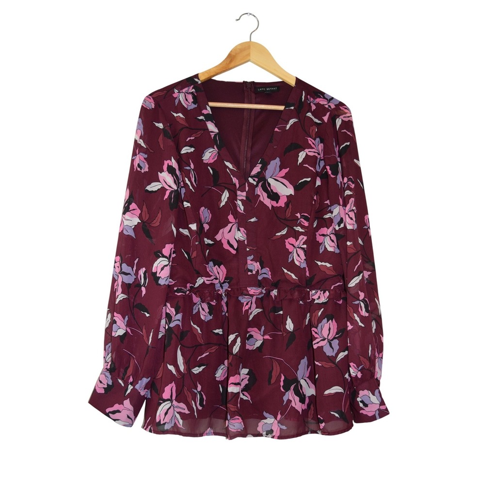 Lane Bryant‎ Peplum Blouse Women 18 Burgundy Floral Excellent Long Sleeve V-Neck